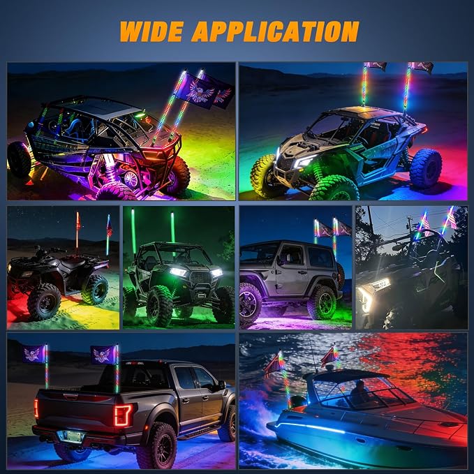 Nilight 2PCS 3FT RGB LED Whip Light and 6 PCS Rock Lights Combo Remote App Control w/DIY Chasing Patterns Stop Turn Reverse Modes Safety Antenna Whips for ATV UTV Polaris RZR Can-am Dune Buggy Jeep