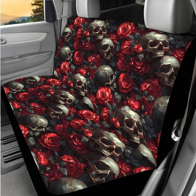 Red Rose Skulls Car Seat Covers Full Set, Car Steering Wheel Cover Protector, Auto Center Console Pad, Auto Seat Belt Pads, 8 Pcs Automotive Interior Accessories