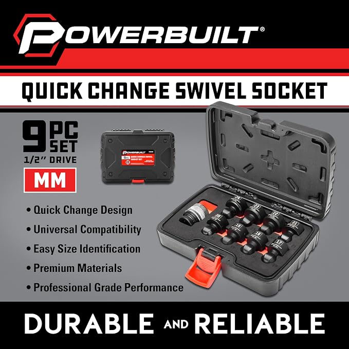 Powerbuilt 9 Piece 1/2-Inch Drive Impact Grade Universal Joint Quick-Change Socket Adapter and Sockets Set, Size: 17mm-24mm, Storage Case - 643031ECE