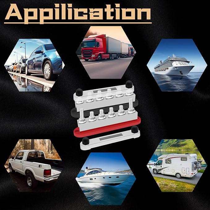 650A 12V Bus Bar Marine 12V - 48V Power Distribution Block with Cover with 6 x 3/8” (M10) Post,Battery 12V Bus Bar with 4PCS Battery Lugs and 4PCS Heat Shrink Tubing for Car Boat Marine