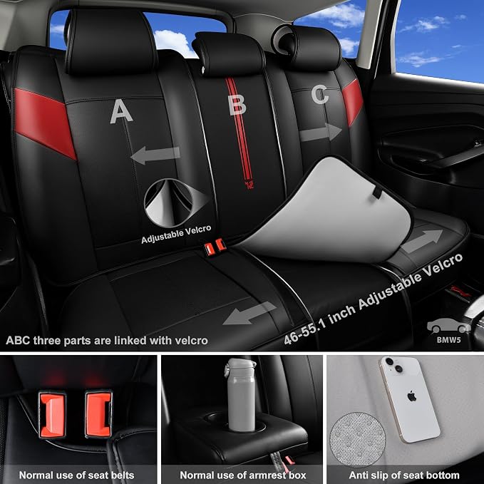 CAR PASS Nappa Leather Seat Covers, Breathable Waterproof Car Seat Covers Full Set, Luxury Leather Front and Back Seats Full Coverage, Universal Fit SUV Pick-up Truck Sedan Automotive(Black Red)