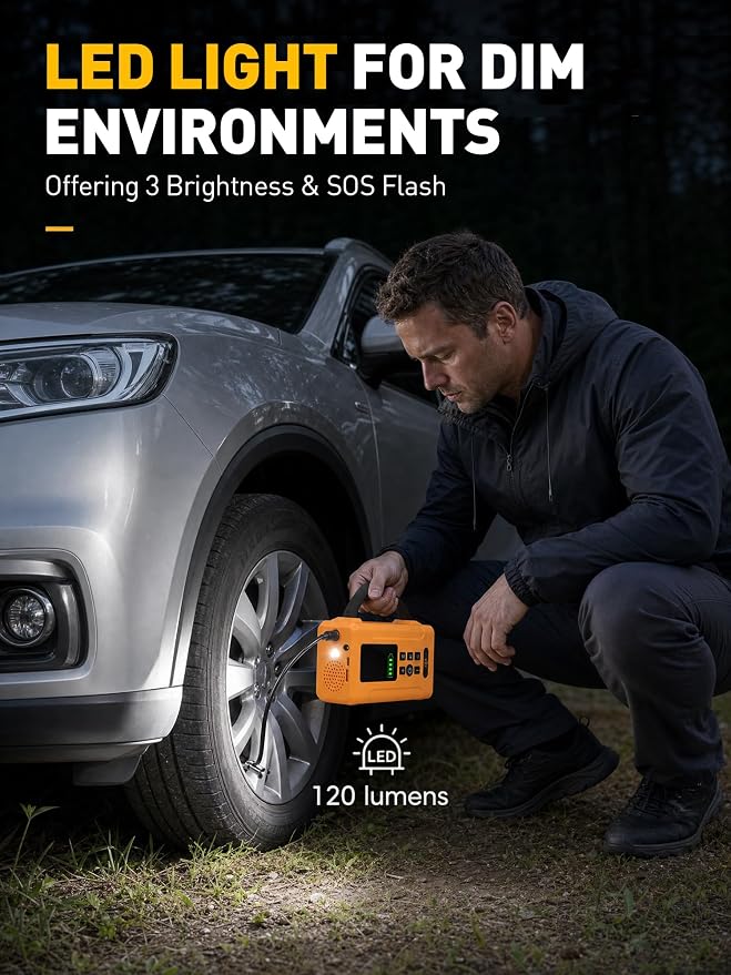 Tire Inflator Portable Air Compressor 160 PSI Air Pump for Car Tires 6000 mAh & 12V DC Powered Fast 24L/min, Digital Tire Pressure Gauge, LED Lights, 5 Modes Auto Shut-off (Yellow, 6000 mAh)