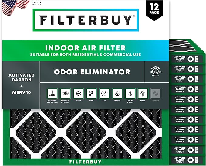 Filterbuy 16x16x1 Air Filter MERV 10 Odor & Allergy Defense with Activated Carbon (12-Pack), Electrostatic Pleated HVAC AC Furnace Filters Replacement (Actual Size: 15.75 x 15.75 x 0.75)
