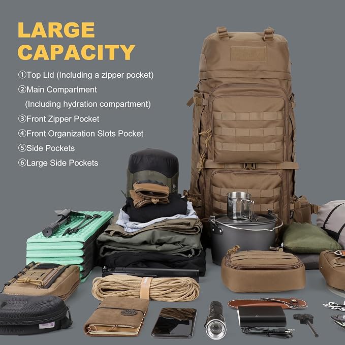 Mardingtop 75L Molle Hiking Internal Frame Backpacks with Rain Cover for Camping,Backpacking,Travelling(Cordura Khaki)