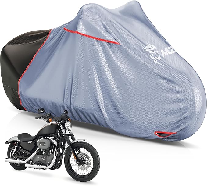 MZS Motorcycle Cover Waterproof Outdoor, Heavy Duty All Season Weather Sun Protection with Storage Bag Vents Night Reflective Cotton Lining Lock Holes fits up to 96" Motorcycles Vehicle Covers