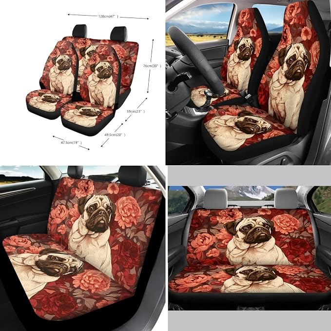 Suobstales Pug Dog Flower Print Car Seat Covers Set Interior Accessories Bucket Seat Cover Rear Split Bench Protection with Steering Wheel Covers,Seat Belt Cover Coaster,Keychains Fits Most Vehicles