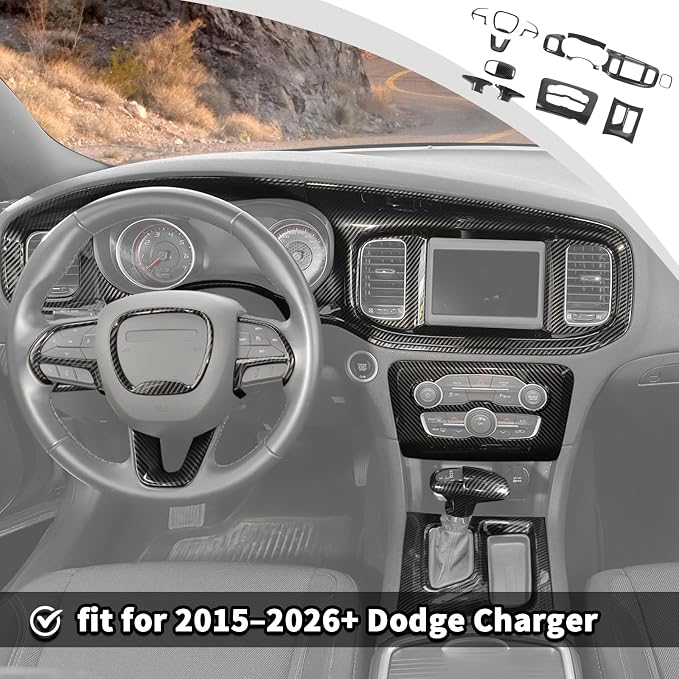 JWWY Carbon Fiber Interior Trim Kit for 2015–2026+ Dodge Charger, Dashboard Instrument Panel Gear Shift Knob Center Console AC Control Panel Cover Interior Accessories 14PCS