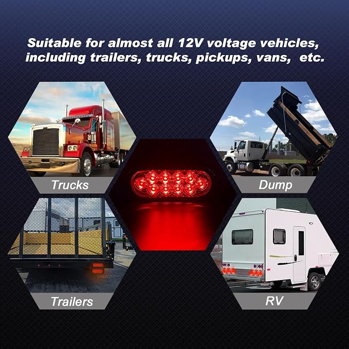 6" Oval LED Trailer Lights, Red 4 Pack, 12V | 6-inch oval, 4 red, IP65 waterproof, 3-wire plug-and-play, stop/turn/tail, high brightness