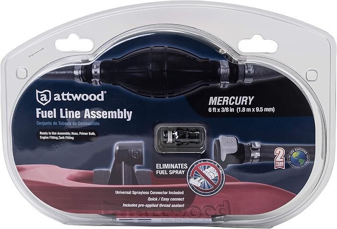 Attwood 93806MUS7 Marine Boat Fuel Line Kit with Universal Sprayless Fuel Connector, 6-Foot x 3/8-Inch - Mercury (Pack of 2)