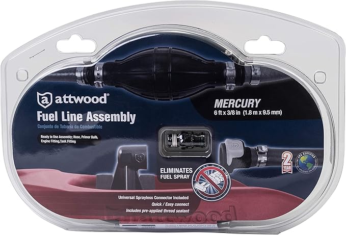 Attwood 93806MUS7 Marine Boat Fuel Line Kit with Universal Sprayless Fuel Connector, 6-Foot x 3/8-Inch - Mercury