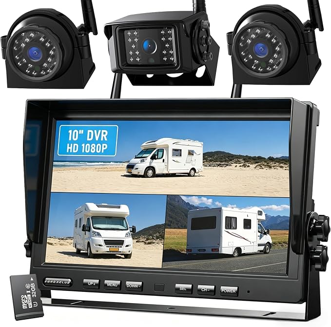 ZEROXCLUB 1080P Wireless Backup Camera System with 10 Inch DVR 3 Split Monitor, IP69 Waterproof Stable Signal Record Wireless 1 Rear and 2 Side View Cameras for RV Truck Trailer Camper (BW103SL-M)