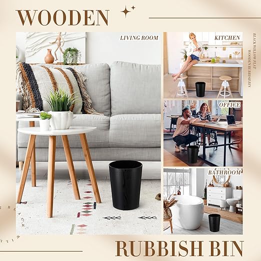 Threehoney 2 Pack 2.3 Gallons Wood Trash Can Wastebasket Natural Wood Round Wastebasket Small Trash Bin for Home, Office Under Desk, Kitchen, Bedroom, Hotel, Room(Black,Flat)
