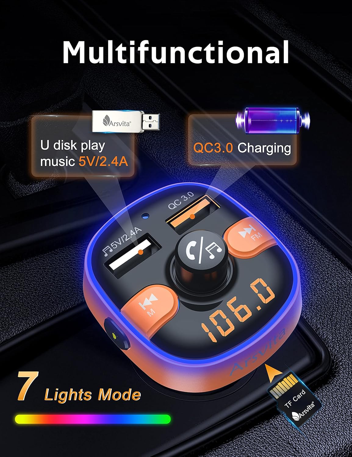 Upgraded Arsvita Bluetooth FM Transmitter for Car, Radio Receiver/Audio Adapter with Dual Car Charger, Support QC3.0 Quick Charging, Hands-Free Calling and Hi-Fi Sound Playback, Orange