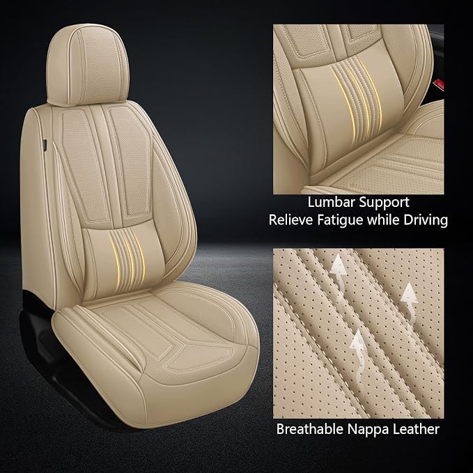 otoez Car Seat Covers Full Set, 5 Seats Nappa Leather Seat Cover for Car, Breatheable and Waterproof Seat Protector Full Coverage, Universal Automotive Seat Cushion for SUV Truck Seden, Beige