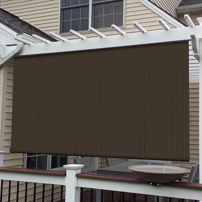 E&K Sunrise Outdoor Roll up Shade Blinds Roller Shade 4'Wx7'H Brown for Patio Porch Pergola Deck Gazebo Yard Privacy Screen Roll Down Blinds 90% Sun Blockage
