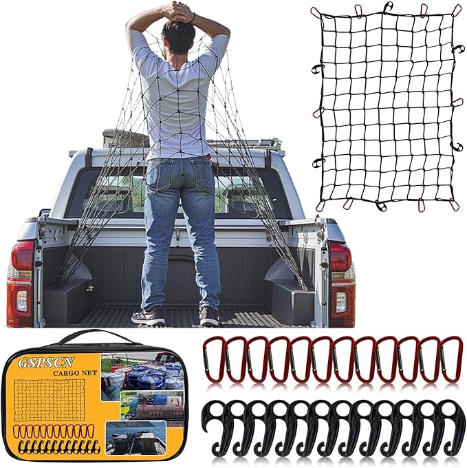 GSPSCN Cargo Net 3' x 4' for Truck Pickup Bed, Trailer,Boat,RV SUV Stretches to 9'x12' Max Roof Rack Net,Small 4”x4” Mesh Heavy Duty Bungee Cord Net for Tacoma,Frontier,Colorado & Subaru Crosstrek