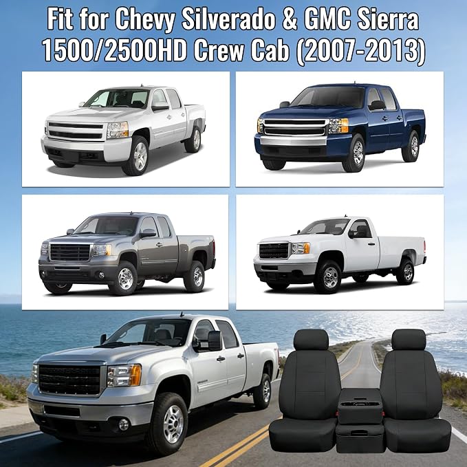 Seat Covers for Chevy Silverado & GMC Sierra 1500/2500HD 2007-2013 Heavy Duty Cloth Protector Interior Accessories，Waterproof & Machine Washable-Black (Front)