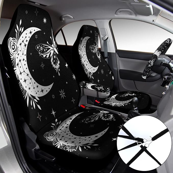15 Pcs Full Car Seat Covers Set Car Accessories Seat Covers Steering Wheel Cover Belt Pads Armrest Pad Cup Holders Keychains for Most Truck SUV(Moon)