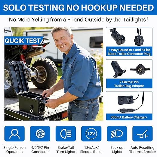 Trailer Light 7-Way Plug Tester with 7, 6, 4/5 Pin Adapter, Water-Resistant Portable Electric Brake Tester for RV/Boat/Utility Trailer with Short Circuit Protection(Battery NOT Included)