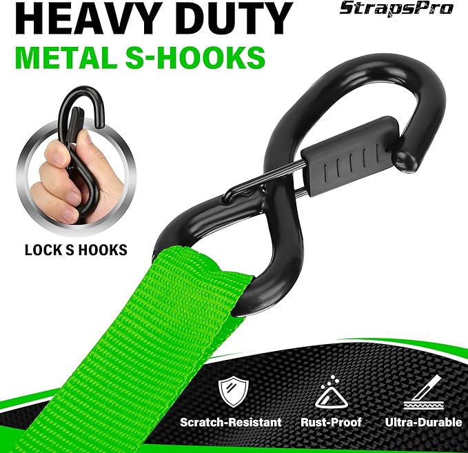 Retractable Ratchet Straps, 1763lb Break Strength Green Self Retracting Ratchet Straps Heavy Duty with Soft Loops, 1'' x 10FT Auto Tie Down Straps Easy Retract for Motorcycle, Truck, Cargo, 4 Pack