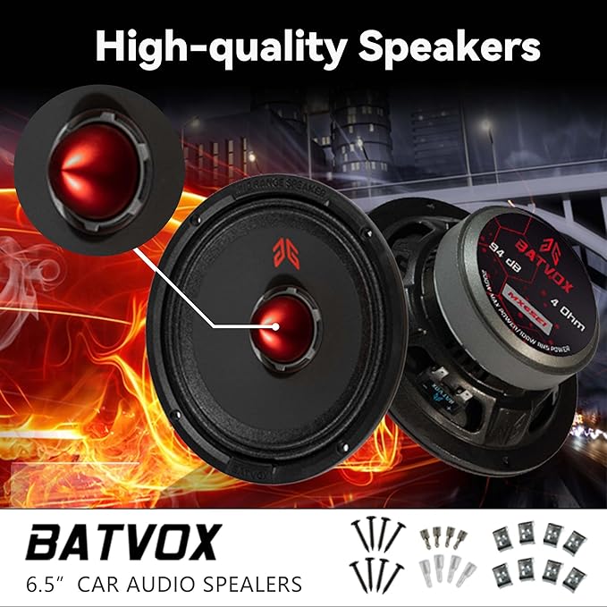 MX65E1 Loudspeaker 6.5 Inch Midrange 400 Watts 6 Ohms Red Bullet, Premium Quality Audio Door Speakers for Car or Truck Stereo Sound System, Black (2 Speakers)