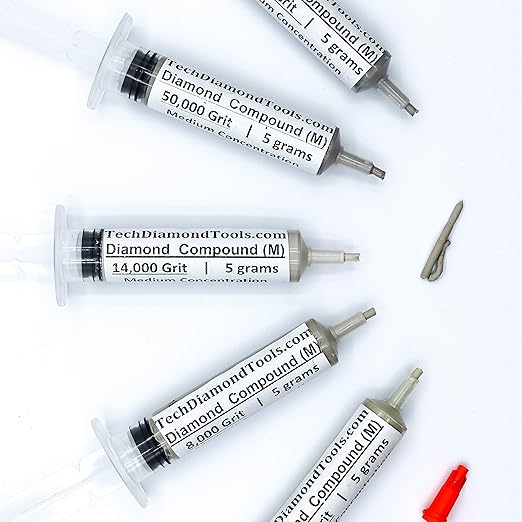 TechDiamondTools Diamond Polishing Compound Kit of 5 Polishing Paste USA Made 5000 8000 14000 50000 100000 Grit for Marble Glass Metal Rock Jewelry Resin Silver with 25% of Diamond Powder