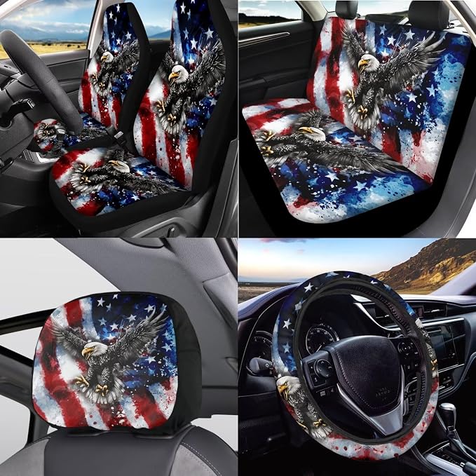 KEIAHUAN 11 Pcs Car Seat Covers Full Set for Men American Flag Bald Eagle with Handbrake and Gear Shift Knob Cover,Headrest Cover, Coasters,Non-Slip Car Steering Wheel Cover,Coasters