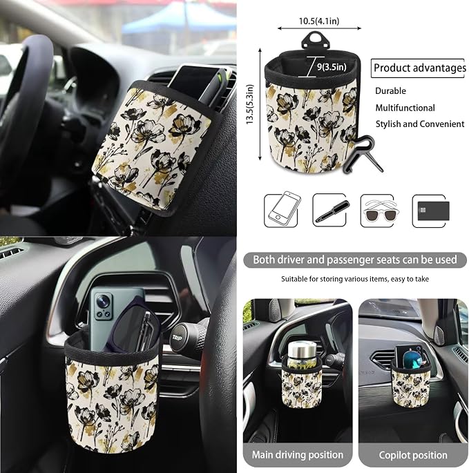 Flower Print Car Seat Cover Full Set Universal & Decorative Front and Rear Split Bench Seat Covers with Steering Wheel Cover Safety Belt Pads Rear View Mirror Protector Keychain