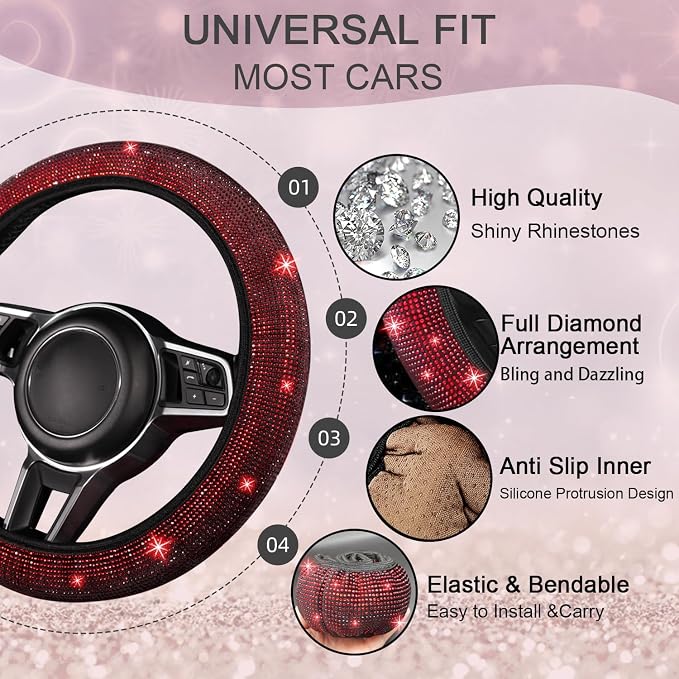 NBTEPEM Bling Car Floor Mats Full Set and Steering Wheel Cover, Universal Fit Most Cars, 4 pcs Sparkle Glitter Diamond Carpet, 5 pcs Bling Car Accessories Set for Women (Red Diamond)