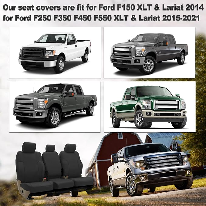 Custom Split Bench Seat Covers for Ford F150 XLT/Lariat 2014 F250 F350 F450 F550 XLT/Lariat 2015-2021 Heavy Duty Cloth Protector Interior Accessories，Waterproof & Machine Washable - Black