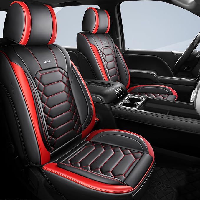 FREESOO for Silverado Seat Covers 2014-2018 Leather Full Set, Fit for Chevy Silverado GMC Sierra 1500 2500 3500 Crew Cab Waterproof Truck Seat Covers BlackRed