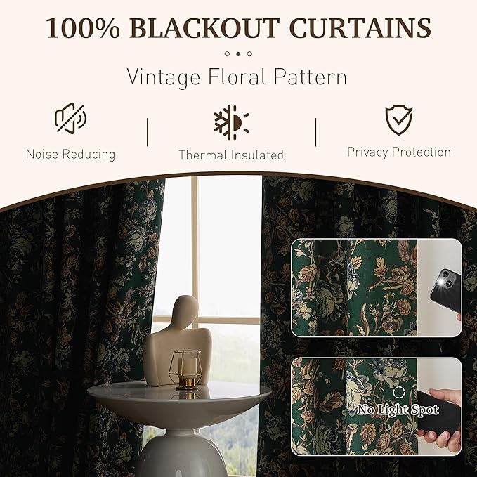 StangH Double- Layer Green Floral Curtains, Super Soft 100% Blackout Velvet Curtains 90 Inch Vintage Heat Cold Blocking Window Drapes for Bedroom Nursery, W52 x L90, 2 Panels