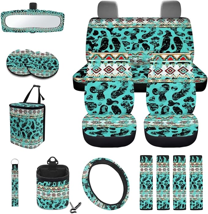 Wanyint Aztec Cow Print 15 Pack Car Accessories Set, Universal Auto Seat Protector Steering Wheel Cover Seatbelt Strap Pad Trash Can Mount Storage Pocket Cup Holders Rearview Mirror Cover Keychain