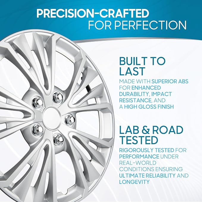 BDK 16 Inch Hubcaps Set of 4 – OEM Replacement Snap-On Wheel Rim Covers - Universal Fit Car Wheel Cover for Cars, Trucks, SUV, Vans Durable ABS 5-Spoke Silver Hub-Cap Car Accessories Exterior