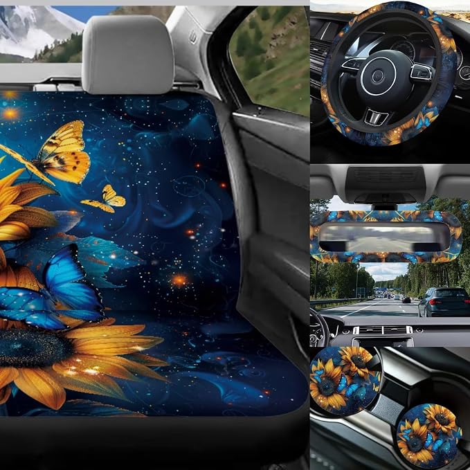 Sunflower Car Seat Covers Full Sets for Women,17 Pack Butterfly Car Accessories with Headrest Covers,Steering Wheel Covers,Trash Container for Car Universal Automotive Decor,Easy to Install