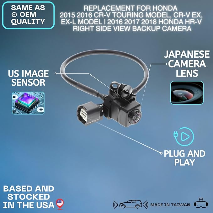 Right Side View Backup Camera Replaces for 2015-2016 Honda CR-V Touring Model, CR-V EX, EX-L Model | 2016-2018 Honda HR-V OE Part # 36580T1WA51, 36580T1WA01, 36580T7WA01 (36580-T1W-A51)