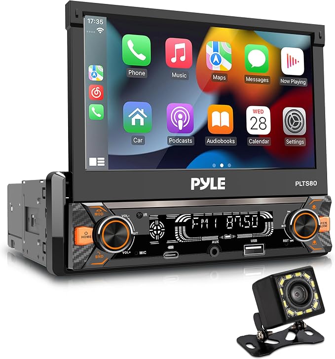 Pyle 7" Single DIN Car Stereo | Apple CarPlay & Android Auto, Flip-Out 7-Inch IPS Touchscreen, Bluetooth, 1080p Backup Camera, AM/FM, USB, 240 W | Single DIN Head Unit Receiver