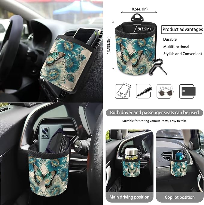 Butterfly Flower Print Auto Seat Covers Full Set for Women Dust-Proof Decorative Car Seat Cover for Front Back Seats with Steering Wheel Protector Safety Belt Pads etc