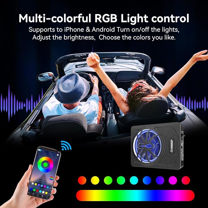 Feikeer 10"1200W UnderSeat Subwoofer, Powered Subwoofer Car Audio with Multicolor LED Lighting, Deep Bass Enhancement.Under Seat Subwoofers with Amp for a Dynamic Driving Experience with Bass Melodies