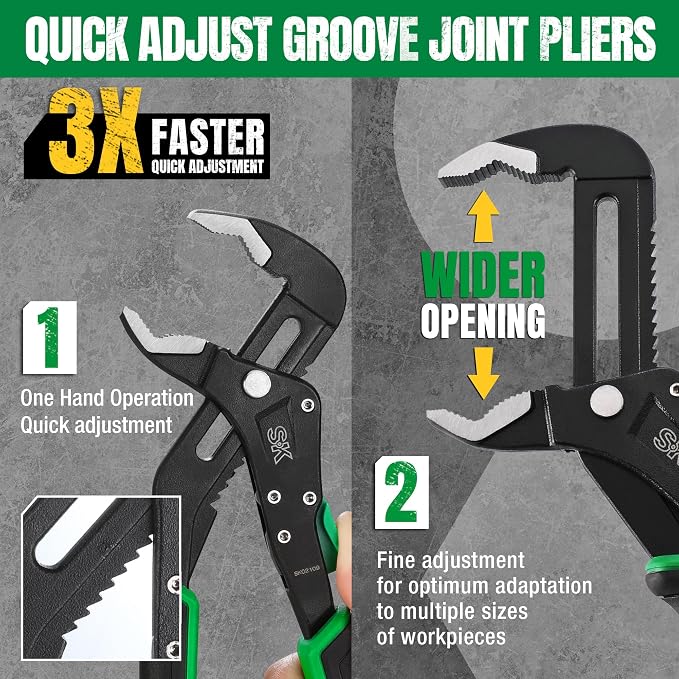 SK 8-Inch Quick Adjust Groove Joint Pliers & 2-Piece Adjustable Wrench Set, 10-Inch, 12-Inch, Cr-V Steel