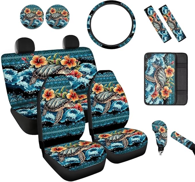 BIGCARJOB 12 Pieces Sea Turtle Car Seat Cover Set Universal Steering Wheel Covers,Armrest Pads,Coaster Tropical Floral Turtle Print Auto Seat Protector Full Set,Fit Most Vehicle,Cars,Sedan