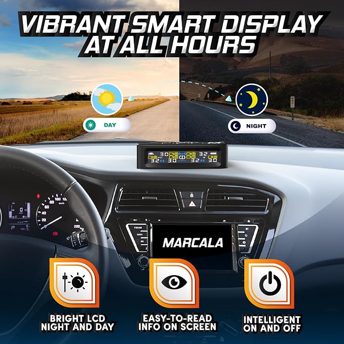 Marcala 2026 V2.0 Trailer Tire Pressure Monitoring System Set of 6 | 32-Foot Extended Range RV TPMS | 0-144 PSI for RV/Camper/Towing | Solar Charge & 6-Alarm Trailer TPMS | Prevent Flats & be Safer!
