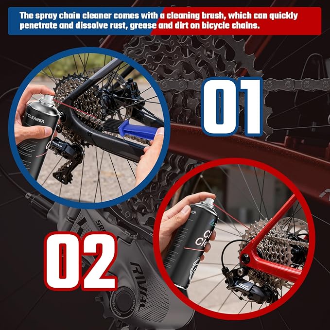 Chain Cleaner, Brake Cleaner Spray Can, Professional Bike Chain Cleaner Set, Motorcycle Cleaning Kit with Chain Cleaner 11oz 2 Can Including Brushes and Gloves for Cleaning All Bicycles