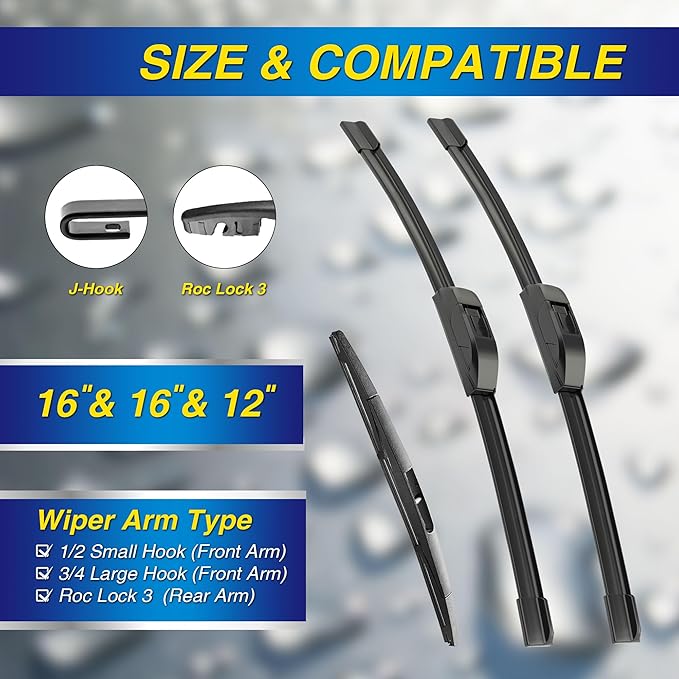5 PLUS® Windshield Wiper Blades Replacement for 2023-2018 Jeep Wrangler Windshield Wipers (Pack of 3), Automotive Replacement Windshield Wiper Blades For My Car Water Repellent-16"/16"/12"