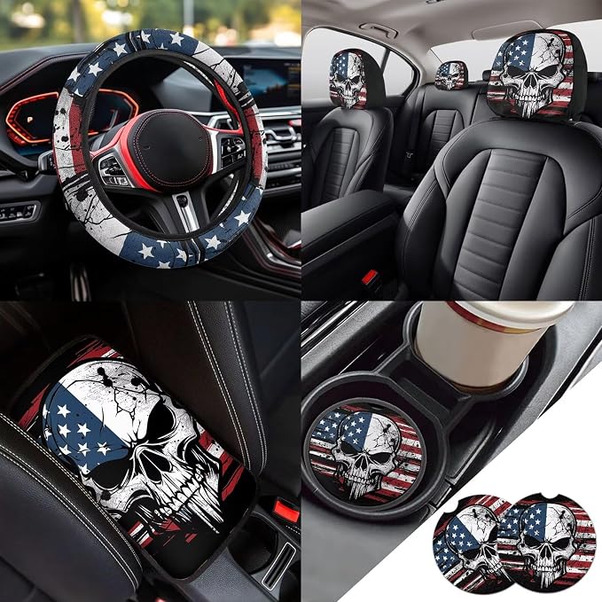 13 Pcs American Flag Skull Car Seat Covers Full Set with Auto Steering Wheel Cover Armrest Cushion Protector Seat Belt Covers, Automotive Interior Sets Unverisal Fit Cars SUV Turcks