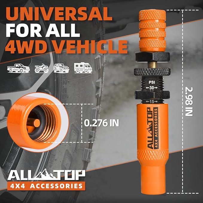 ALL-TOP Adjustable Auto-Stop Tire Deflator Valve Kit (10-30PSI) 8 PCS Tyre Air Down Tool with Screw-On Back-up Valve Caps for Offroad 4x4 (2nd Gen) (Orange, Tire Deflator, 8PCS)