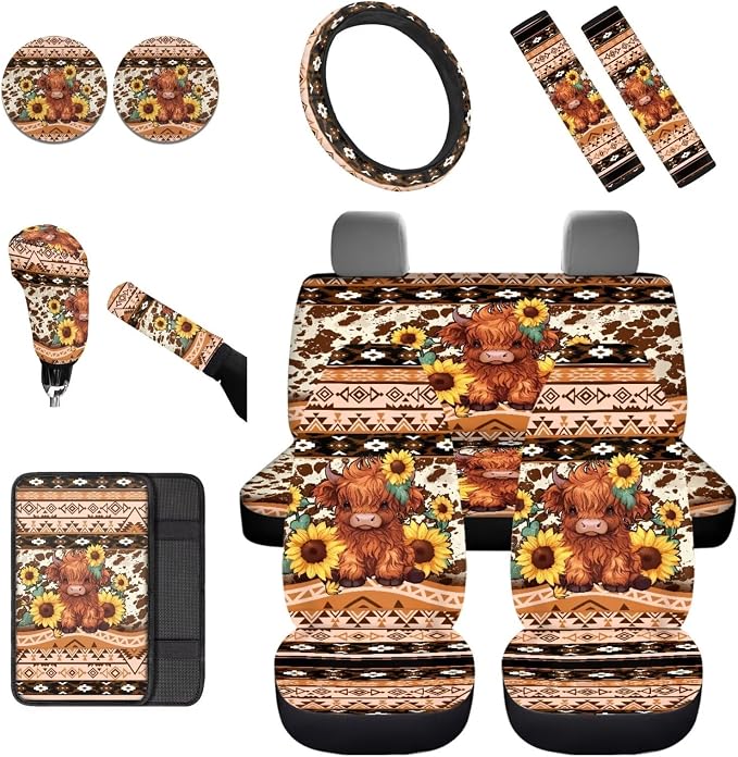Dreaweet Aztec Brown Cow Print Car Seat Covers Full Set Cute Sunflower Highland Cow Car Accessories Steering Wheel Cover Car Coasters Armrest Cover Seatbelt Covers Gear Shift Cover Handbrake Cover
