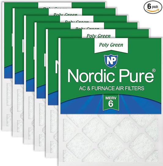 Nordic Pure 16x20x1 (Actual Size: 15 1/2 x 19 1/2 x 3/4) Poly Green MERV 6 AC Furnace Air Filters – Reduces Dust, Pollen, Pet Dander & Allergens – 6-Pack