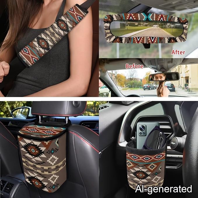 Dreaweet Geometric Aztec Car Seat Covers Full Set 15 Pcs Native American Tribal Seat Covers with Steering Wheel Cover Seat Belt Pads Trash Bag Air Vent Pouch Rear View Mirror Cover Coasters Keychain