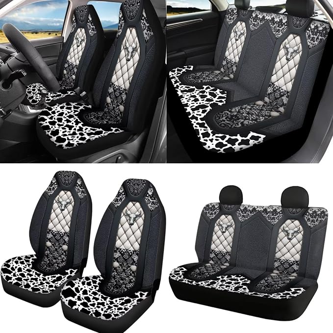 Highland Cattle Print Car Seat Covers Cow Print Steering Wheel Cover Non Slip Seatbelt Covers Set of 4, Universal Auto Seat Protector for Most Vehicles, Black